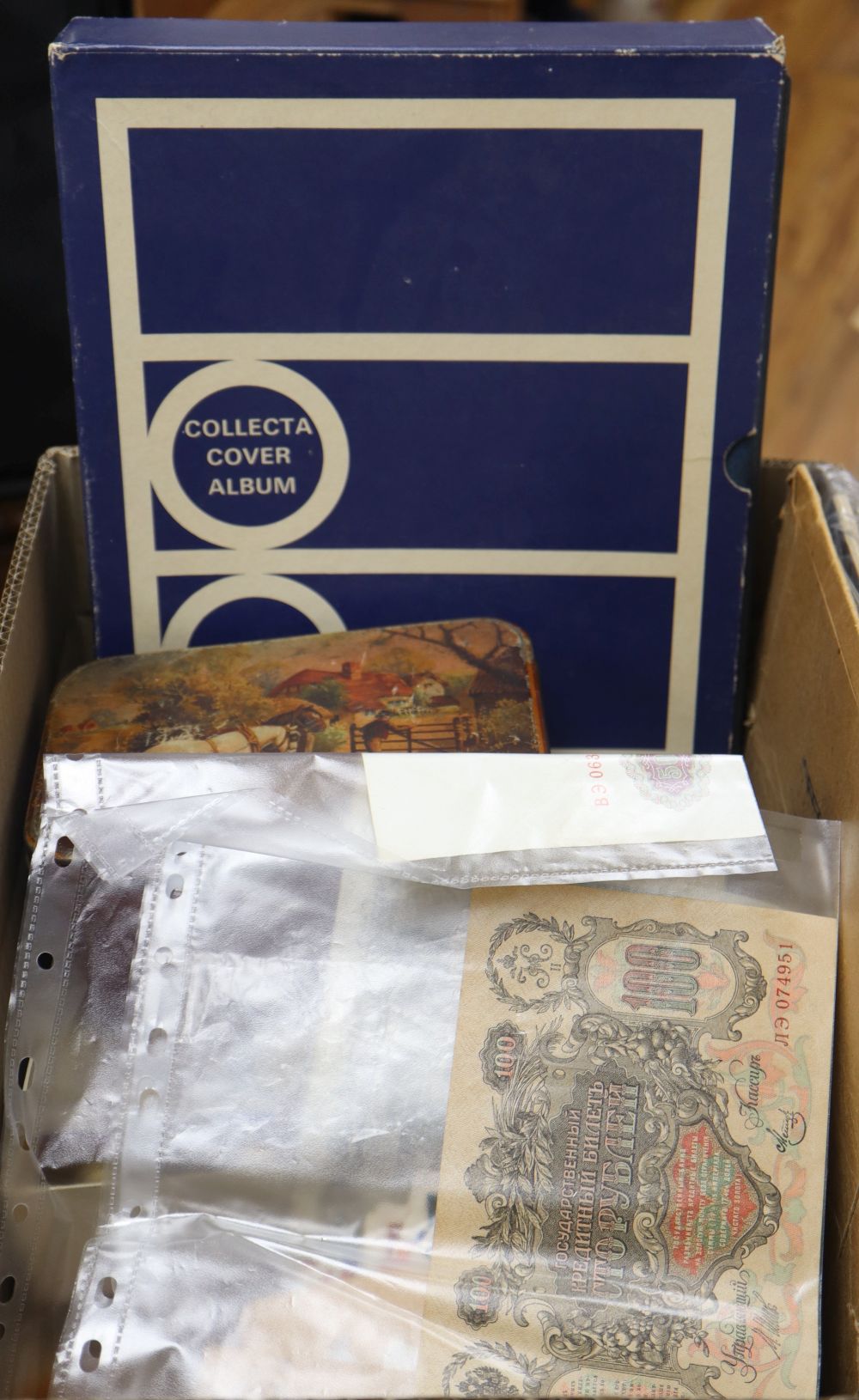 A quantity of ephemera including 1948 London Olympics silk scarf, QE2 memorabilia, banknotes, etc.